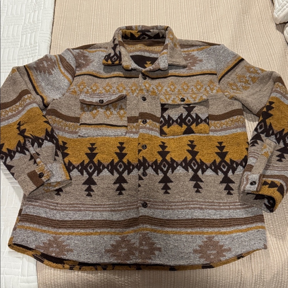 Unisex Southwestern Pattern Button Down Shirt - Gray, Brown, and Tan